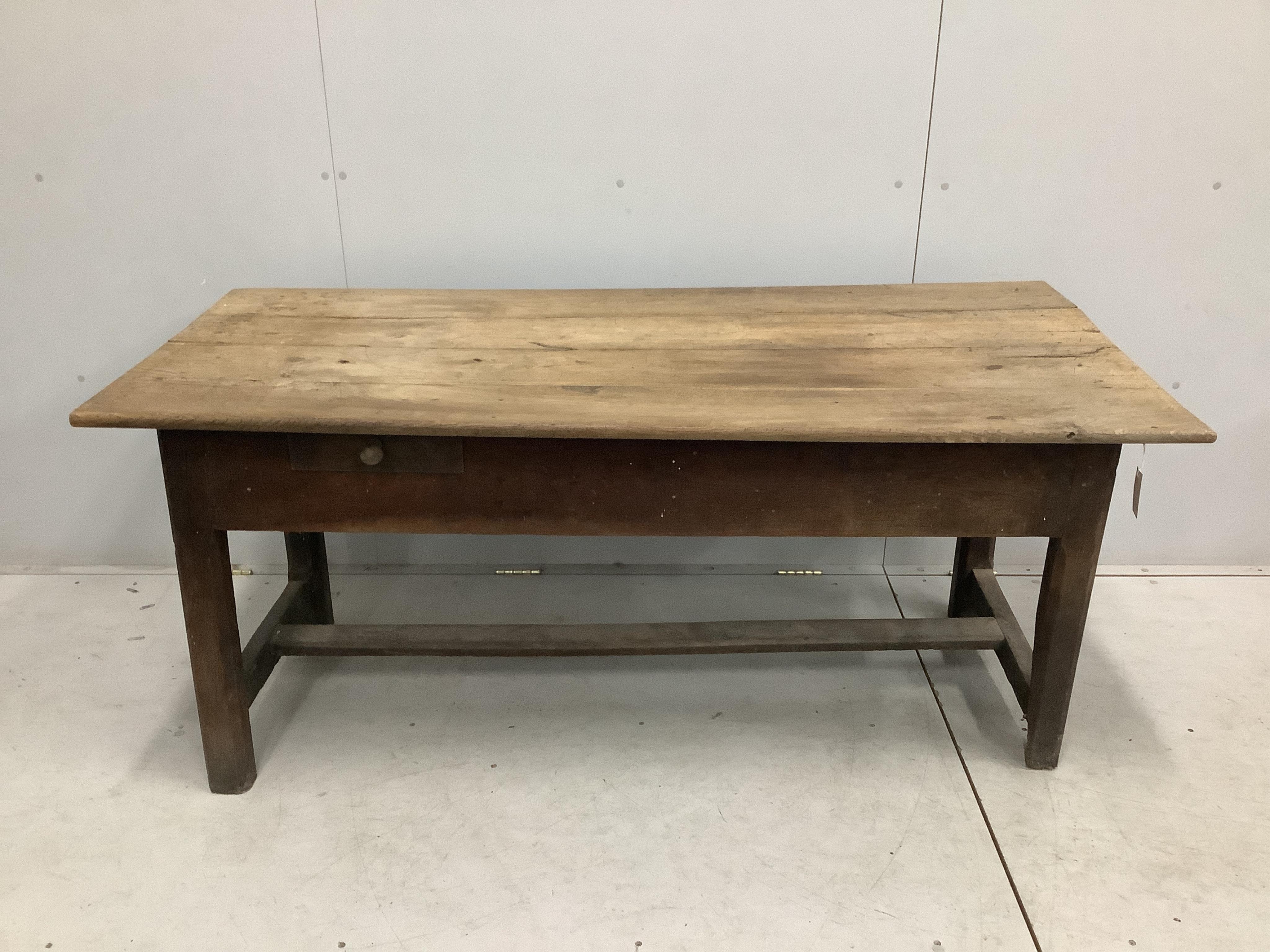 A 19th century French rectangular oak kitchen table, width 163cm, depth 76cm, height 72cm. Condition - fair